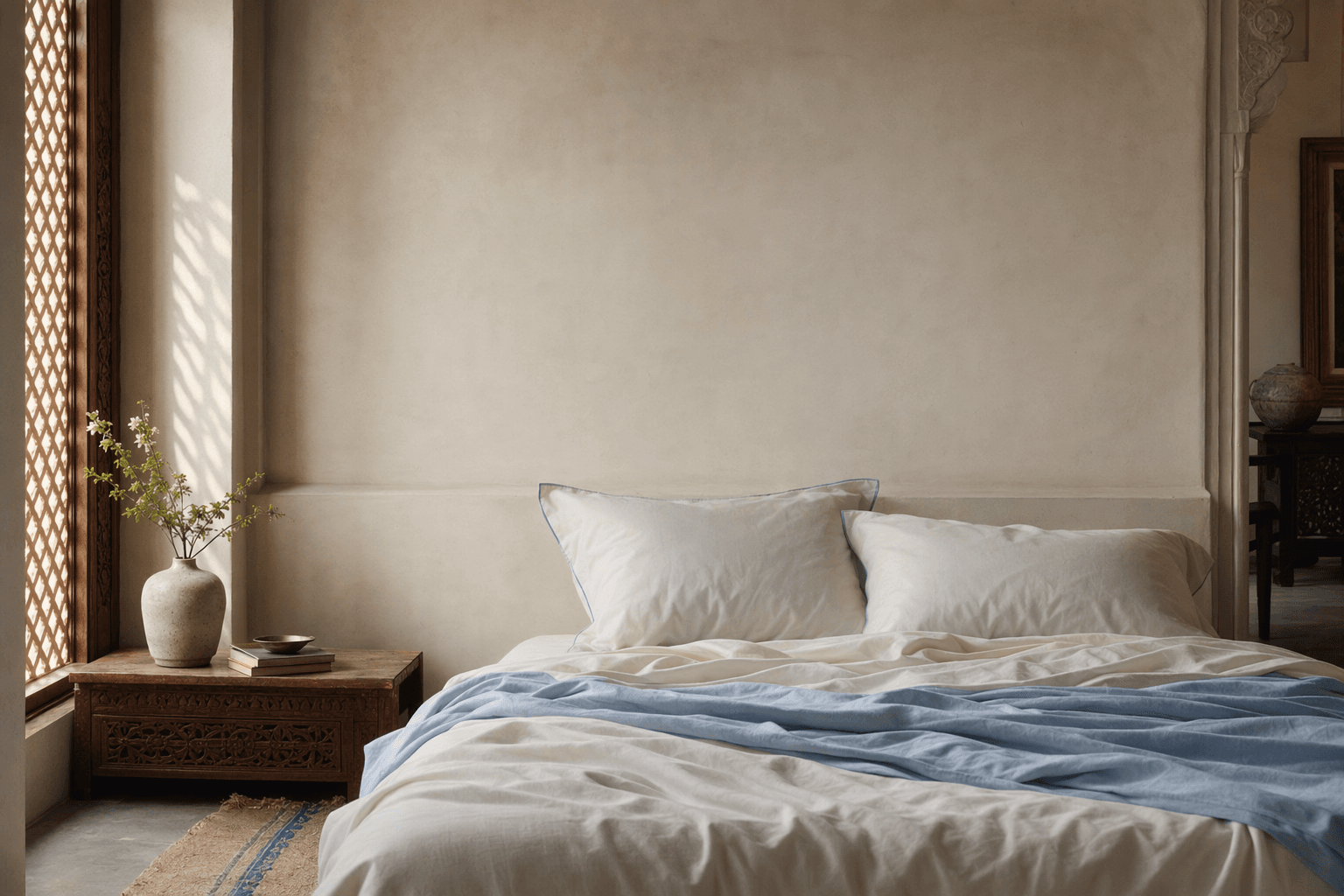 A made bed dressed in cotton percale, soft morning light through a carved window