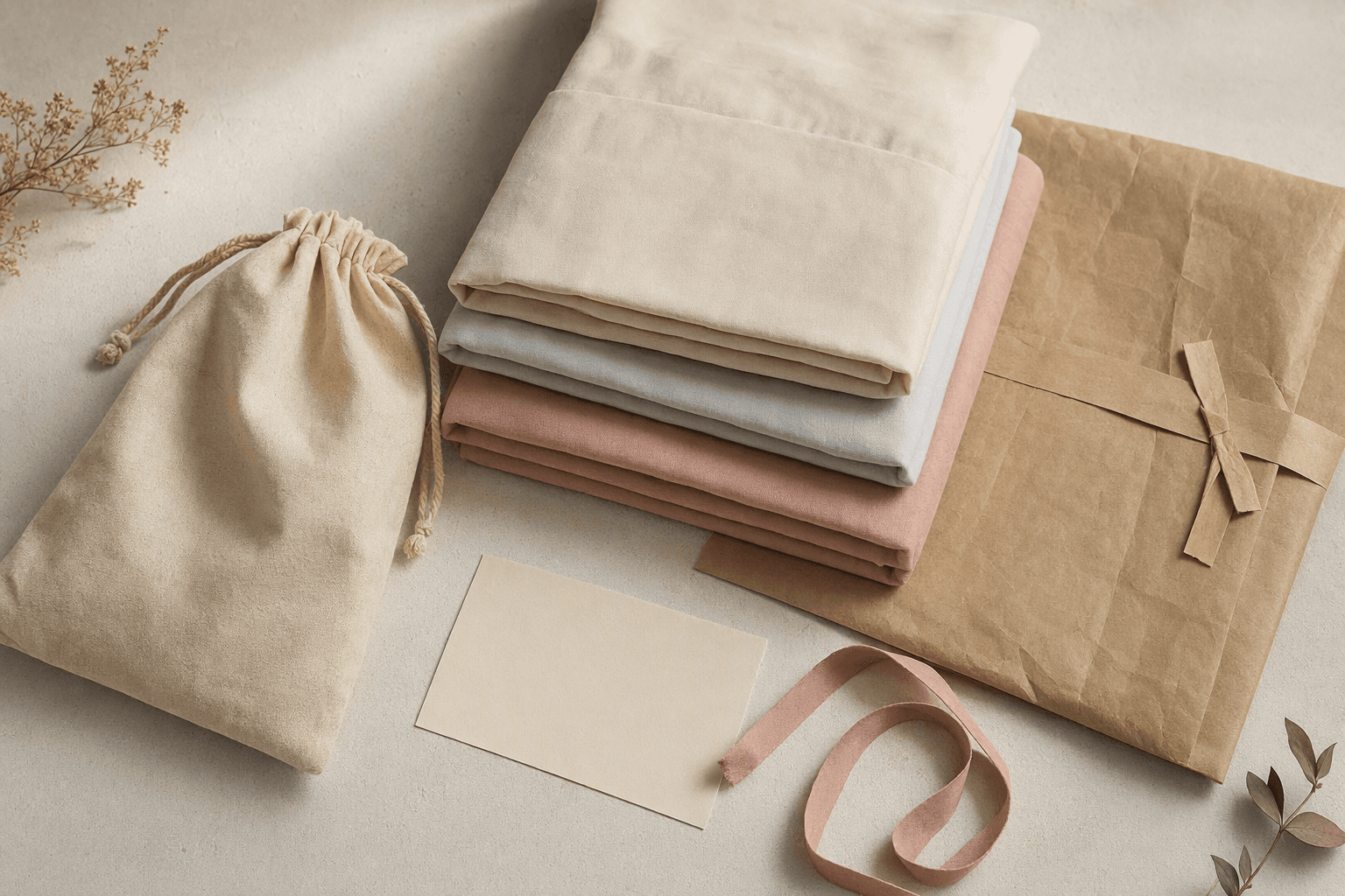 Plastic-free MoonRoe packaging — cotton bag, kraft paper, ribbon